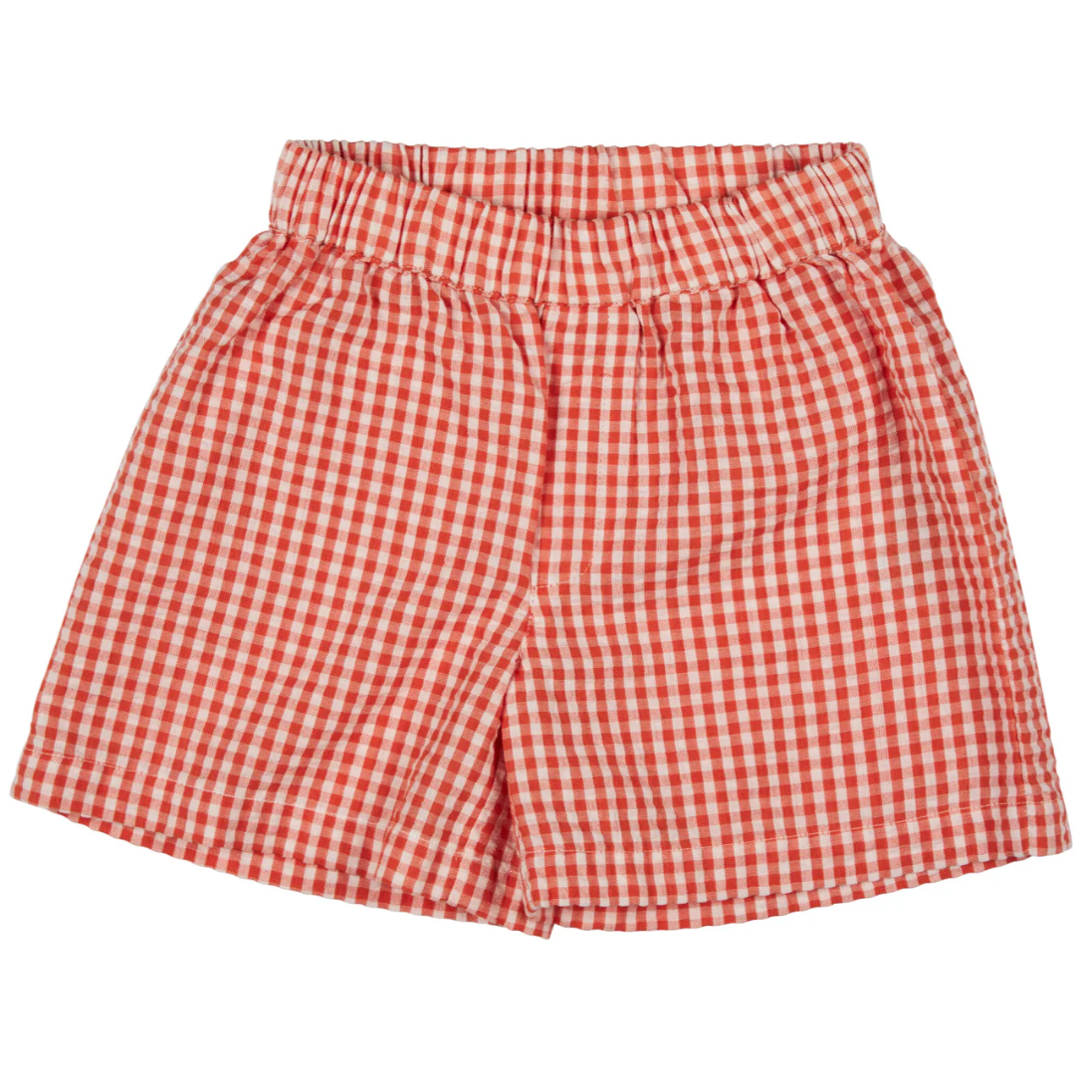 Red and white checkered shorts. KID'S ORGANIC COTTON SEERSUCKER SUMMER SHORTS - ORANGE | PIGEON ORGANICS