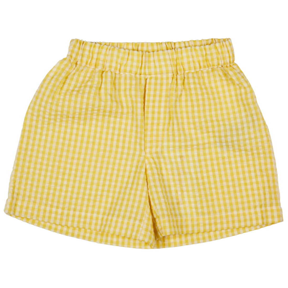 Yellow checkered shorts. KID'S ORGANIC COTTON SEERSUCKER SUMMER SHORTS - YELLOW | PIGEON ORGANICS