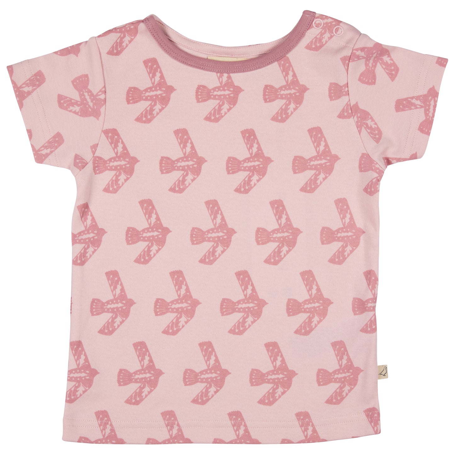 Pink t-shirt with bird pattern. KID'S ORGANIC COTTON SHORT SLEEVE T-SHIRT - PINK FLYING BIRD | PIGEON ORGANICS
