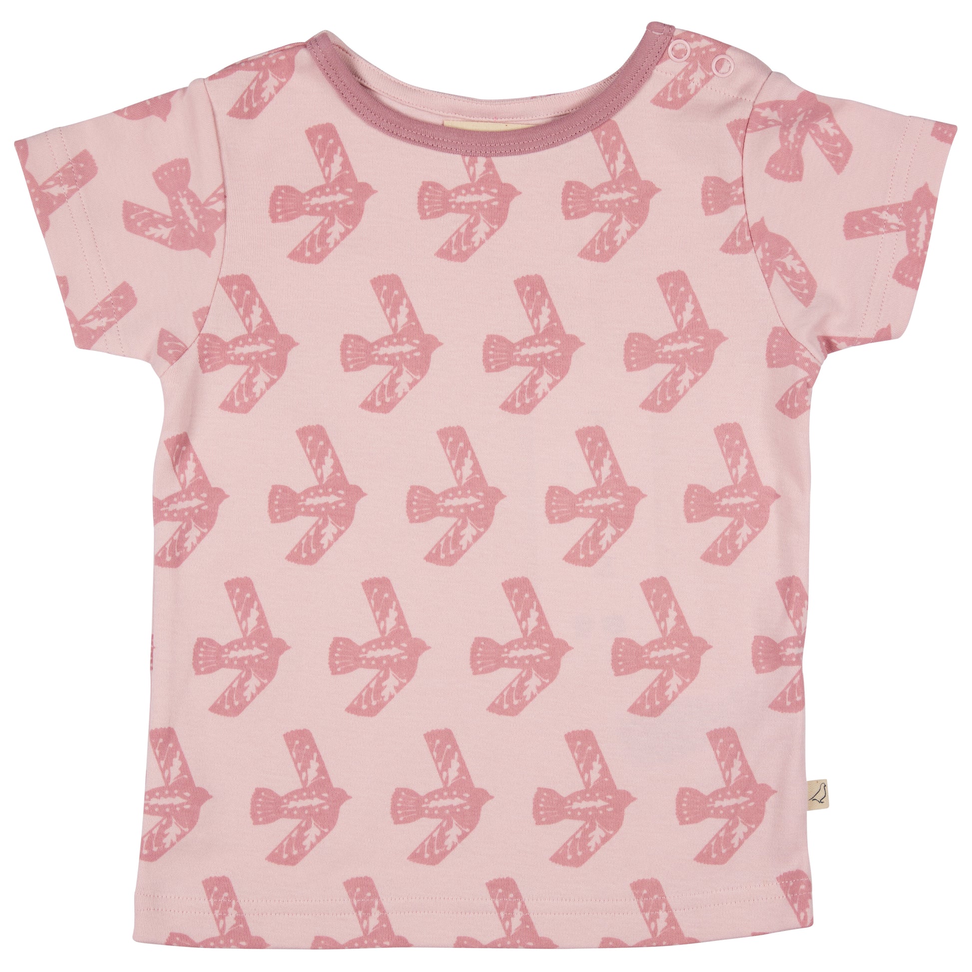 Pink t-shirt with bird pattern. KID'S ORGANIC COTTON SHORT SLEEVE T-SHIRT - PINK FLYING BIRD | PIGEON ORGANICS
