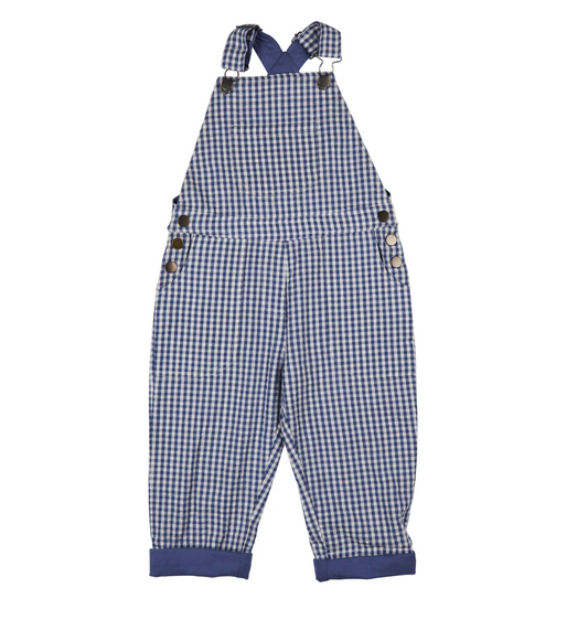 Blue and white checkered overalls. KID'S ORGANIC COTTON WORKER DUNGAREEES - BLUE CHECK | PIGEON ORGANICS