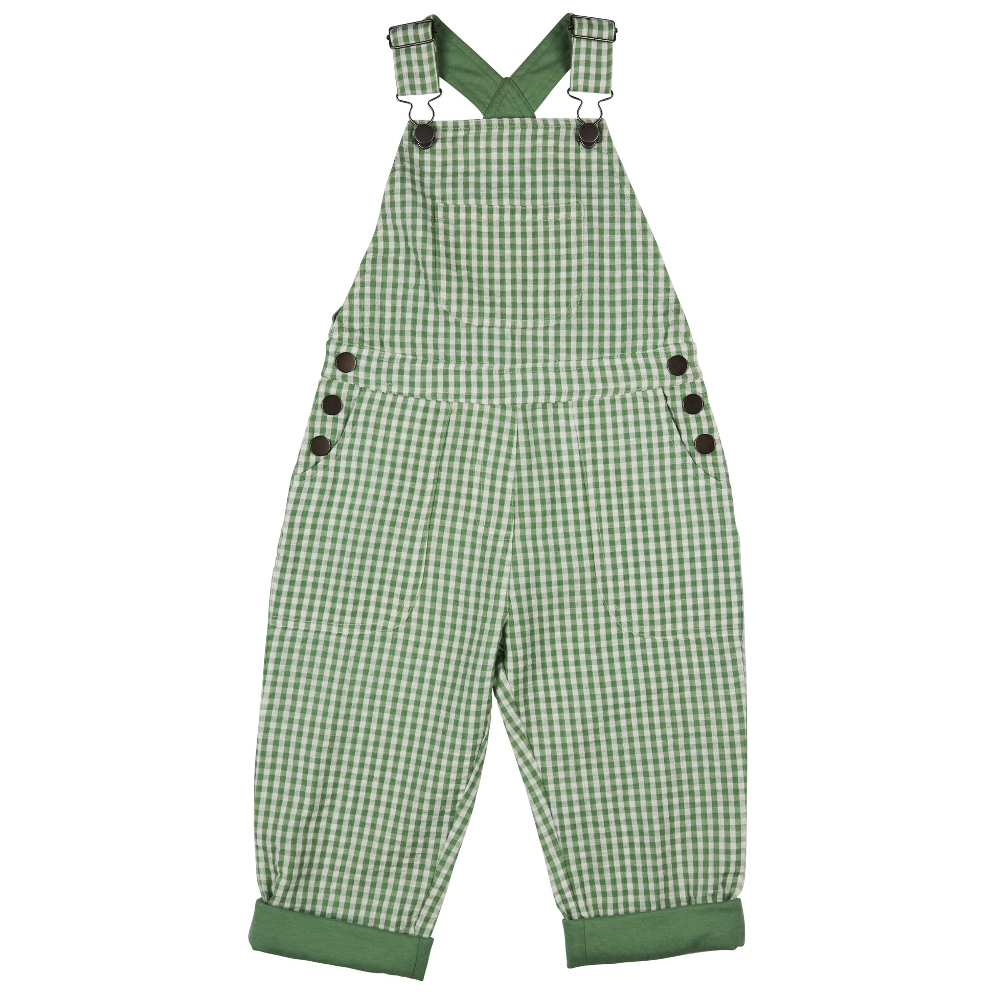 Green checkered overalls with button details. KID'S ORGANIC COTTON WORKER DUNGAREEES - GREEN CHECK | PIGEON ORGANICS
