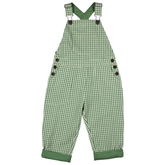 Green checkered overalls with button details. KID'S ORGANIC COTTON WORKER DUNGAREEES - GREEN CHECK | PIGEON ORGANICS