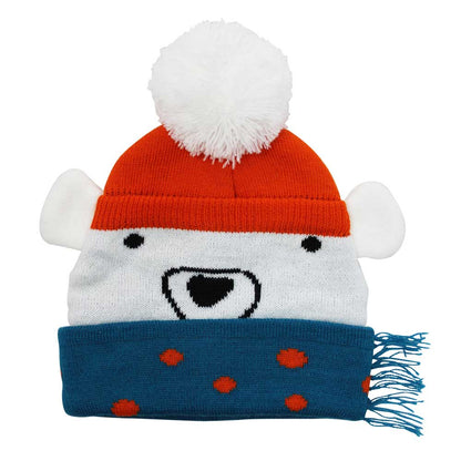 Polar bear-themed hat with red pom-pom, blue scarf with orange polka dots. KID'S POLAR BEAR KNITTED HAT WITH POM-POM | POWELL CRAFT