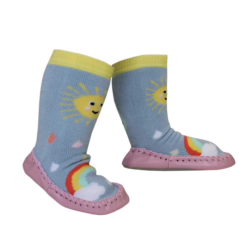 Pair of children's socks with sun and rainbow design on a white background. KID'S SUNSHINE MOCCASIN NON-SLIP SLIPPER SOCKS - 4 SIZES | POWELL CRAFT