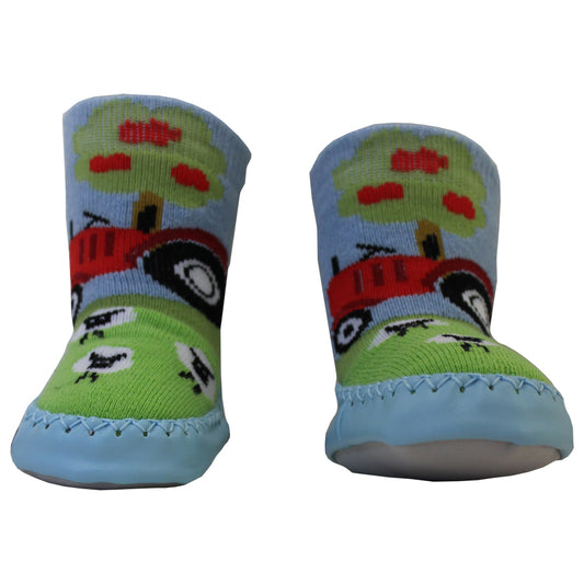 Colorful children's socks with tractor and apple tree design. KID'S TRACTOR MOCCASIN NON-SLIP SLIPPER SOCKS - 4 SIZES | POWELL CRAFT