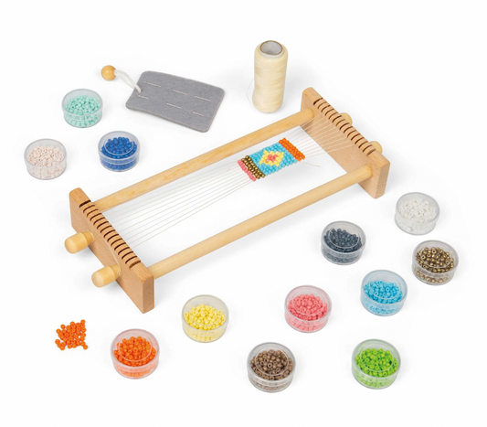 Wooden weaving loom with colorful beads. KID'S WOODEN BEAD WEAVING LOOM | BIGJIGS