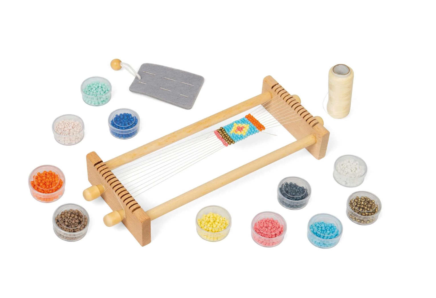 Wooden weaving loom with colorful beads. KID'S WOODEN BEAD WEAVING LOOM | BIGJIGS