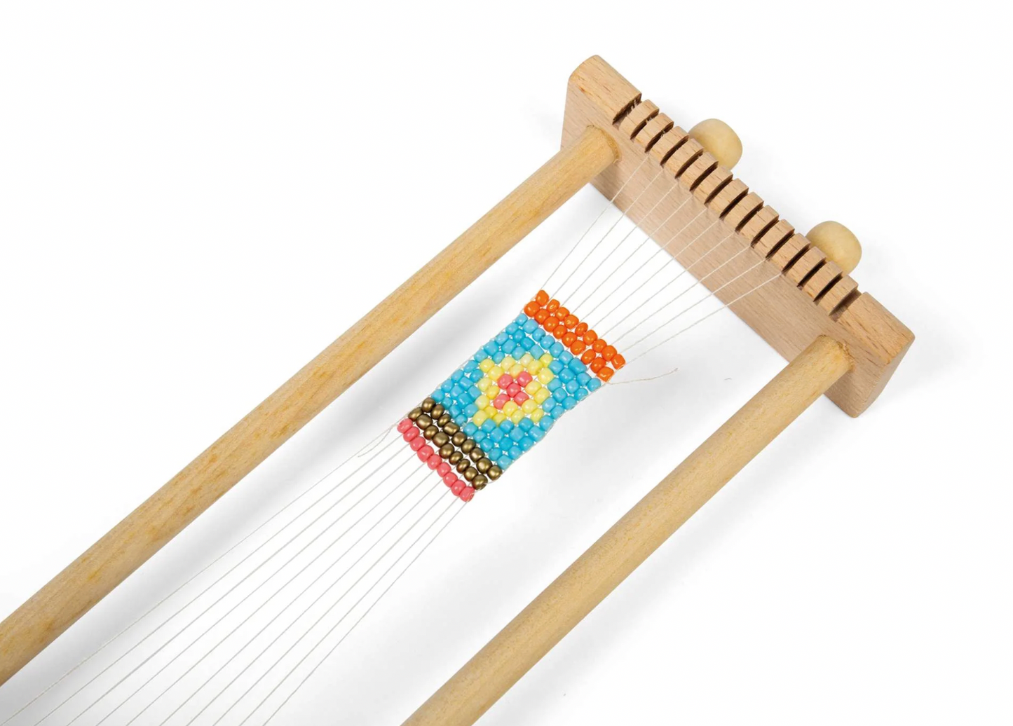 Small wooden loom with colorful woven pattern. KID'S WOODEN BEAD WEAVING LOOM | BIGJIGS
