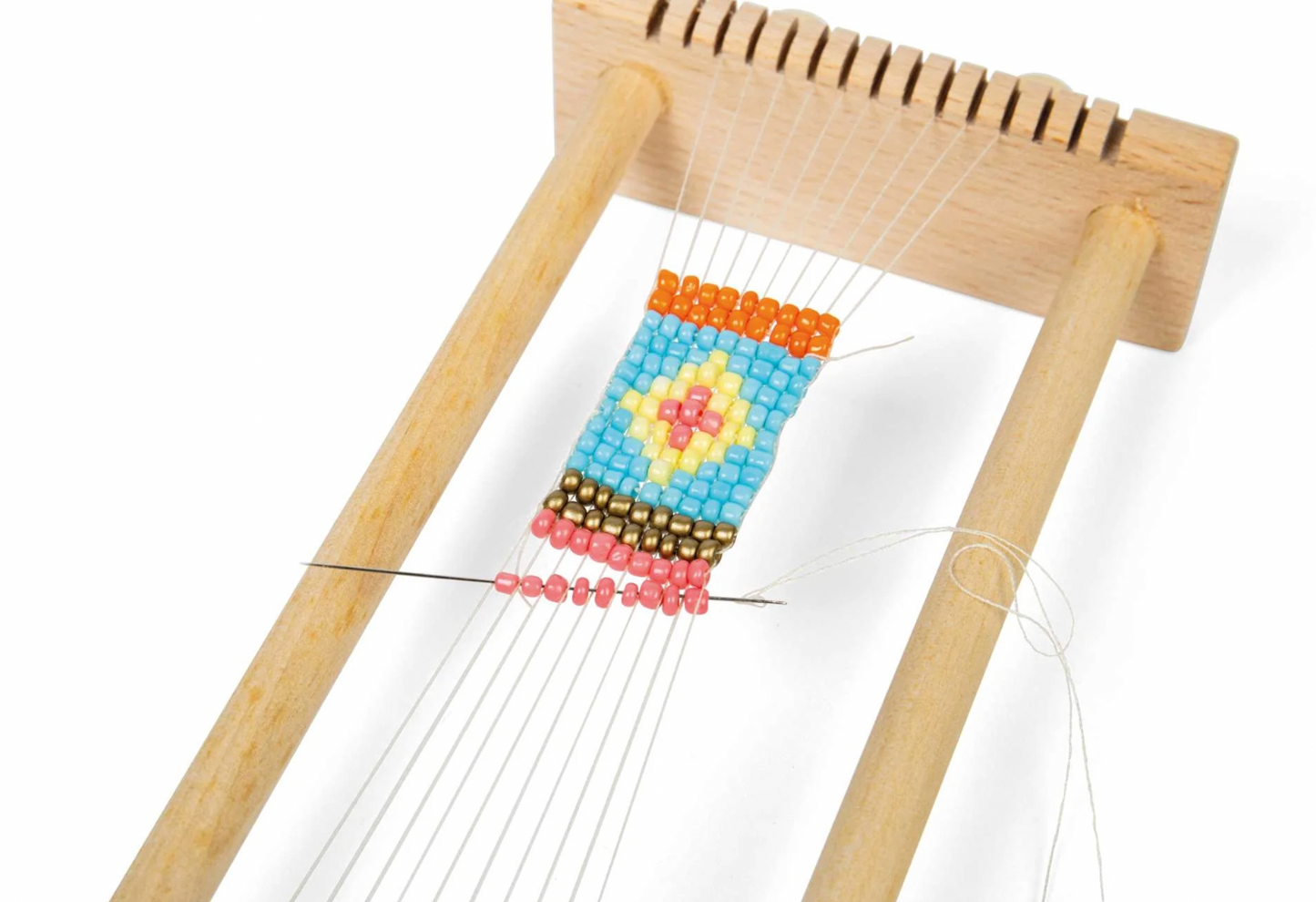 Wooden loom with colorful bead pattern. KID'S WOODEN BEAD WEAVING LOOM | BIGJIGS