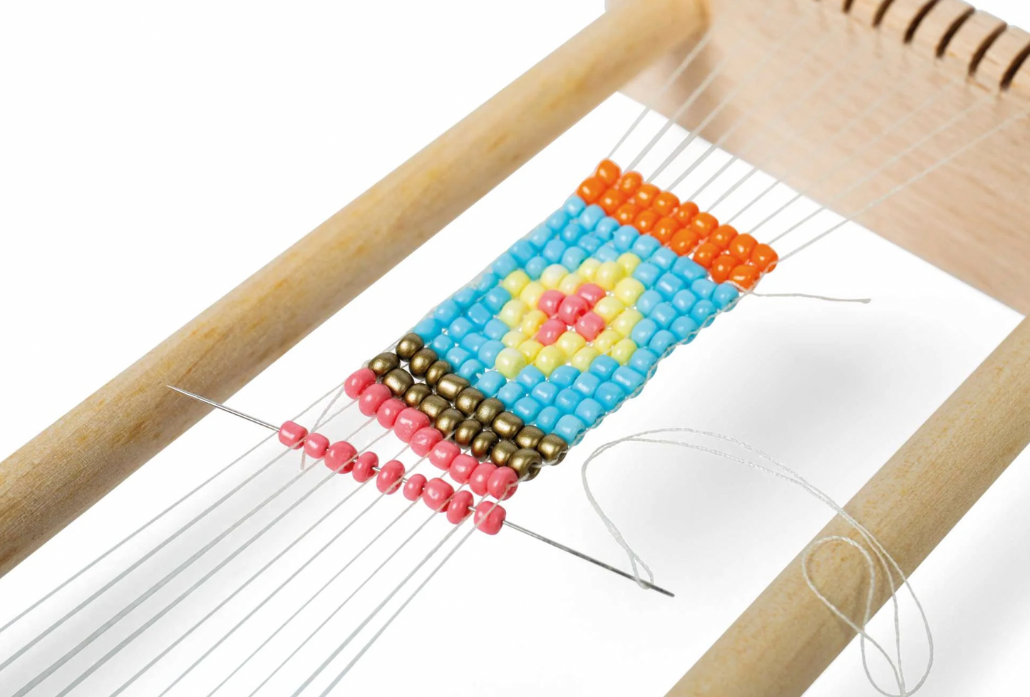 Beaded loom with colorful pattern. KID'S WOODEN BEAD WEAVING LOOM | BIGJIGS