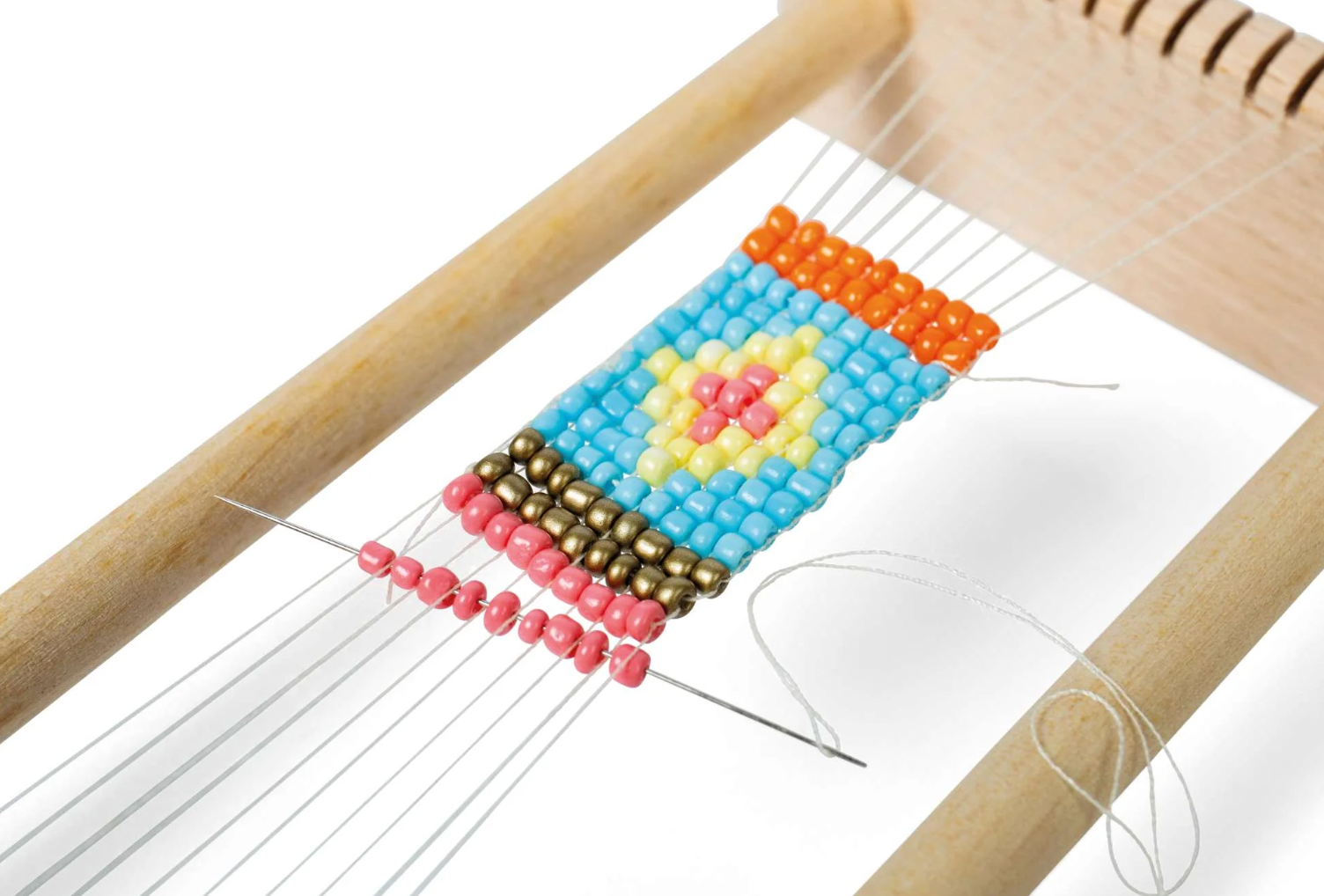 Beaded loom with colorful pattern. KID'S WOODEN BEAD WEAVING LOOM | BIGJIGS