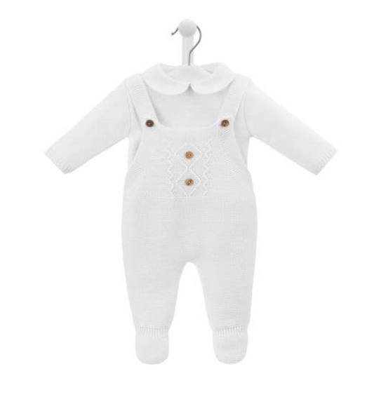 White baby knitted romper with buttons on a white background. KNITTED BABY DUNGAREE & TOP - WHITE | DANDELION