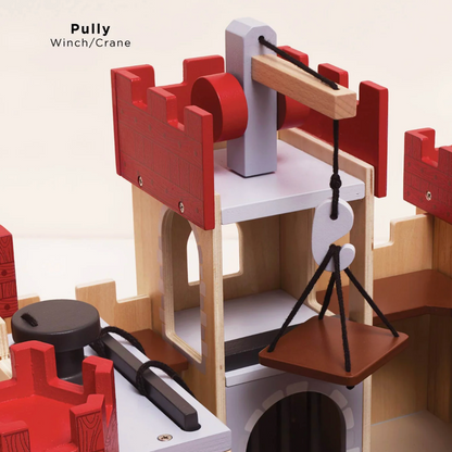 Wooden pulley system toy with red and brown colors on a white background LIONHEART WOODEN TOY CASTLE | LE TOY VAN