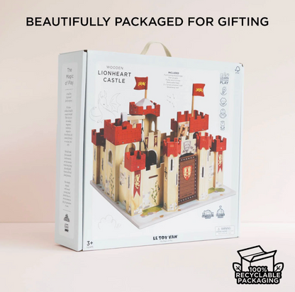 Wooden Lionheart Castle toy packaging on a beige background with text 'Beautifully packaged for gifting'.
