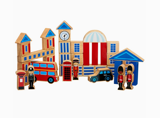 Wooden toy set with buildings, a clock tower, and figures on a white background LONDON BUILDING BLOCKS - HANDMADE & FAIR TRADE | LANKA KADE