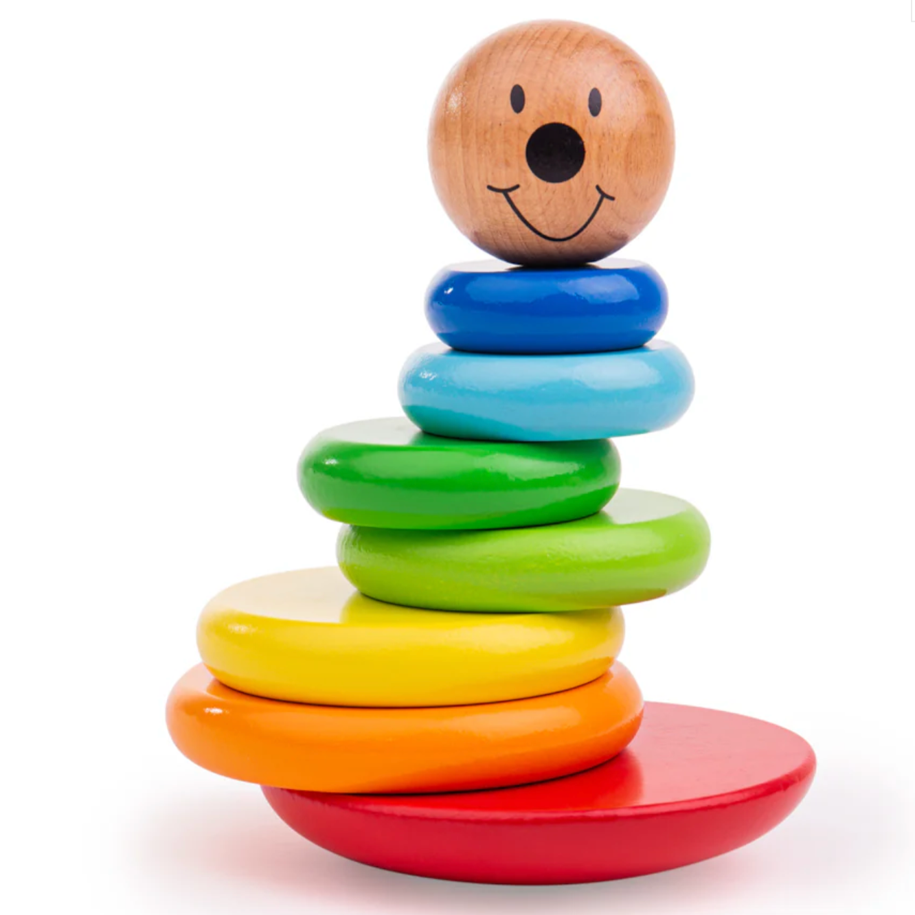 Colorful wooden stacking toy with a smiling face on a white background MAGNETIC WOODEN WOBBLY STACKER | TIDLO