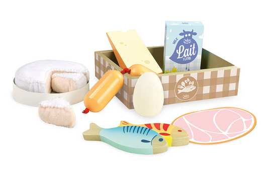 Vilac Toy pretend play deli basket with various fresh food items from the market. MARKET DAY TOY FRESH FRENCH PRODUCE | VILAC