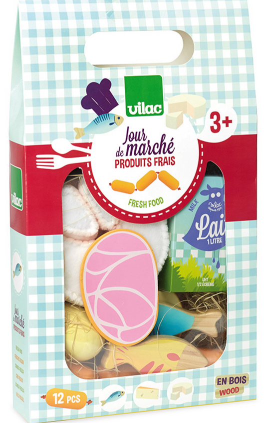 Vilac Toy pretend play deli basket with various fresh food items from the market. MARKET DAY TOY FRESH FRENCH PRODUCE | VILAC