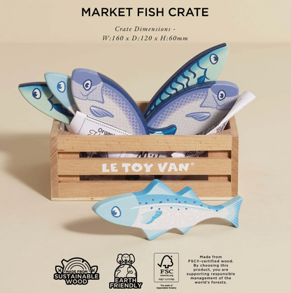 Wooden crate with toy fish inside, branded 'Le Toy Van', on a beige background. MARKET FISH WOODEN TOY CRATE | LE TOY VAN