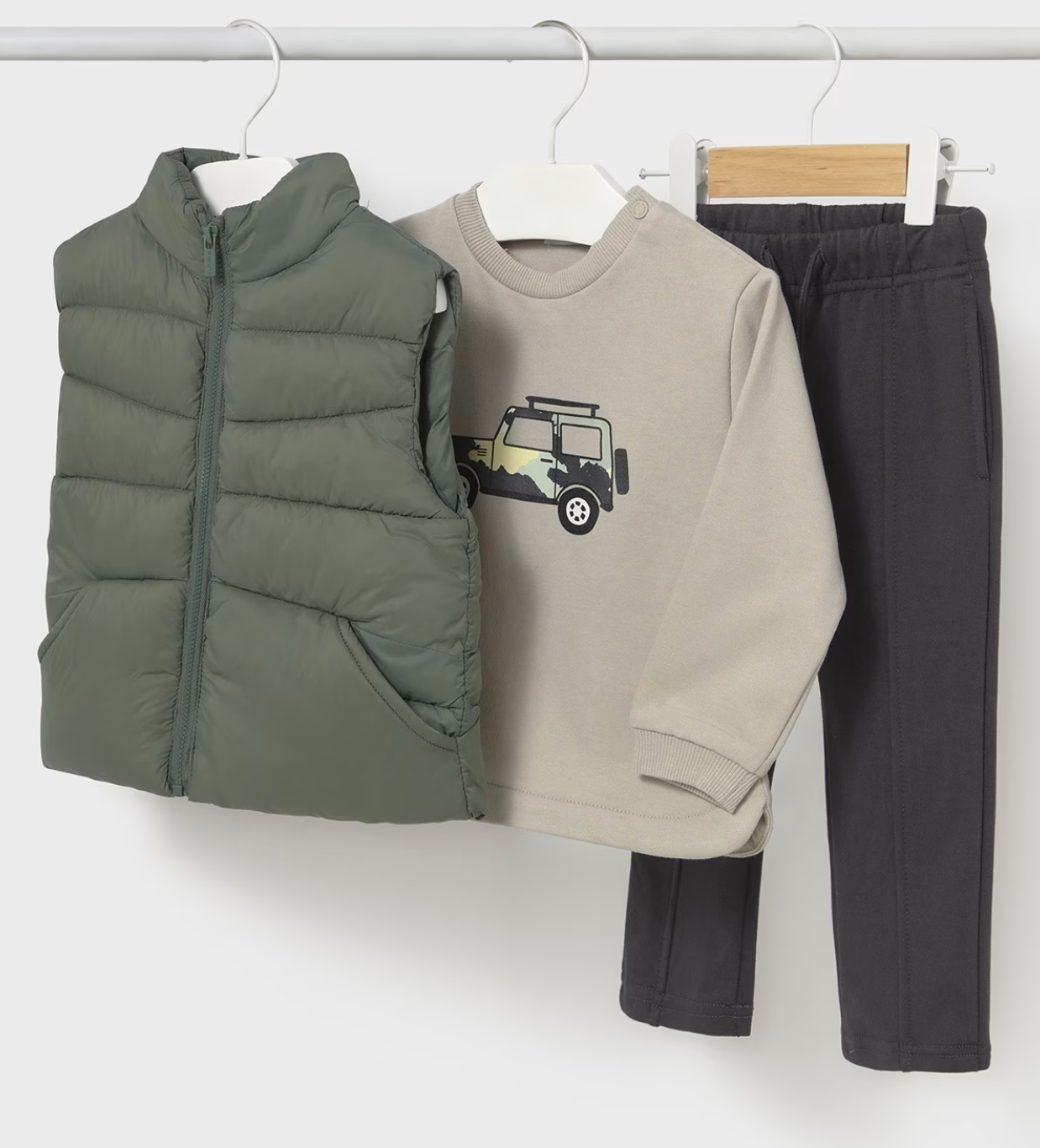 Mayoral boys Children's clothing set with puffer vest, sweatshirt with graphic, and trousers