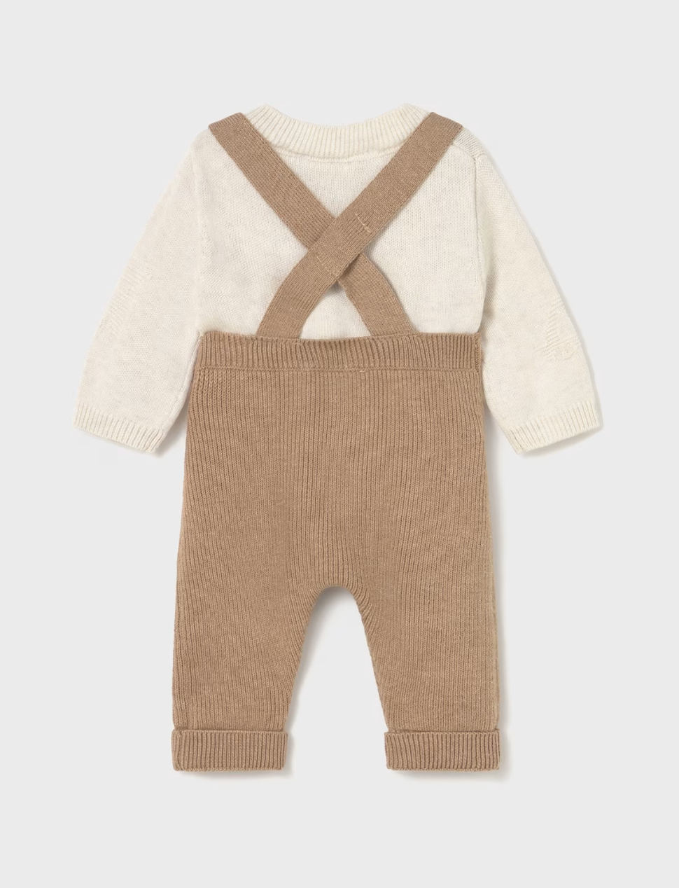 Mayoral baby 2-piece knit set in toffee — back flat lay showing the cross-back straps of the toffee ribbed dungarees crossing at the back, with the cream fine knit sweater visible beneath; ribbed turn-up cuffs on the dungaree legs
