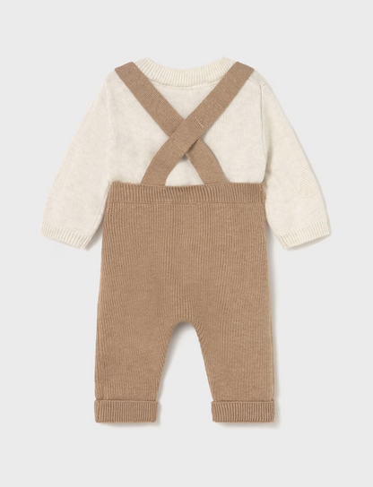 Mayoral baby 2-piece knit set in toffee — back flat lay showing the cross-back straps of the toffee ribbed dungarees crossing at the back, with the cream fine knit sweater visible beneath; ribbed turn-up cuffs on the dungaree legs