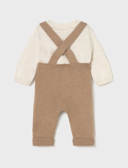 Baby outfit with cream sweater and brown ribbed overalls. MAYORAL BABY 2 PIECE SUPER SOFT KNIT DUNGAREE SET & TOP - TOFFEE