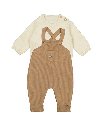Mayoral baby 2-piece knit set in toffee — front flat lay on white background showing the full outfit: toffee ribbed cross-back dungarees with wooden button bib and ribbed turn-up cuffs, layered over cream fine knit sweater with single wooden button shoulder opening