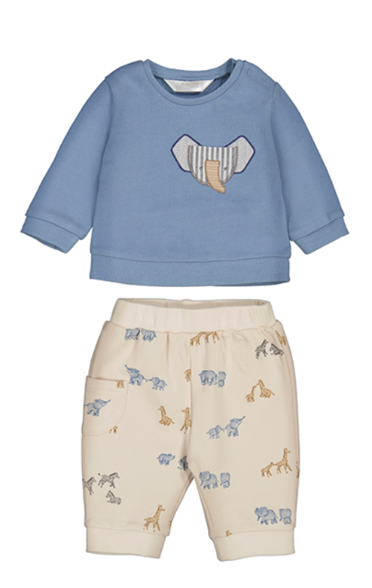 Children's blue sweatshirt with a design and beige pants with animal prints. MAYORAL BABY BOY ANIMAL SWEATSHIRT & TROUSER SET - ELEPHANT