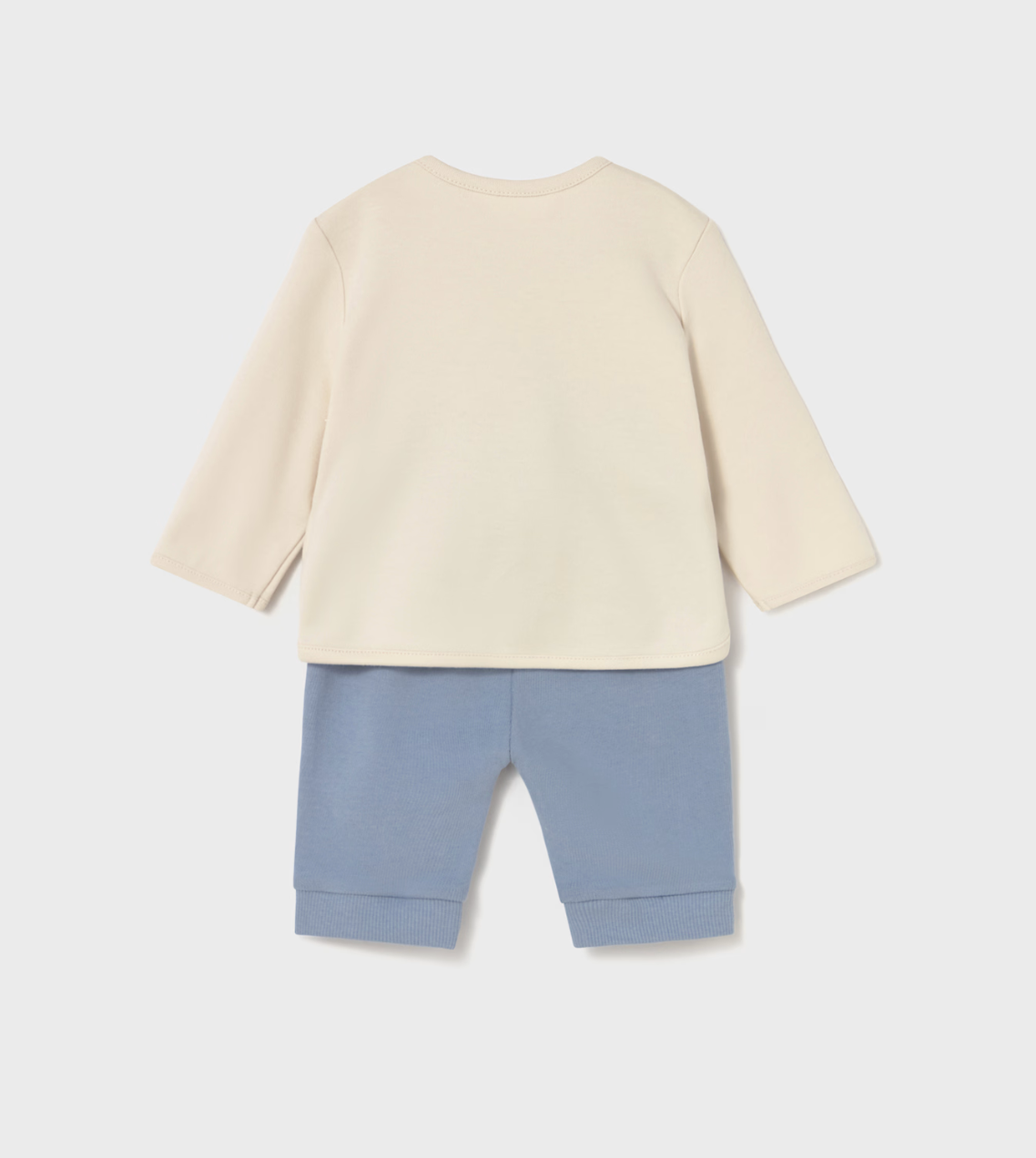 Beige top and blue pants. MAYORAL BABY BOY ANIMAL TOP & TROUSER SET - BLUEBELL