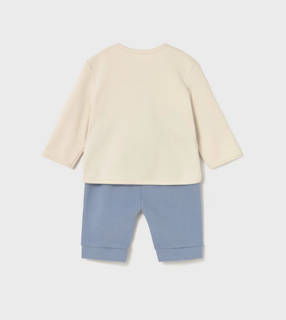 Beige top and blue pants. MAYORAL BABY BOY ANIMAL TOP & TROUSER SET - BLUEBELL