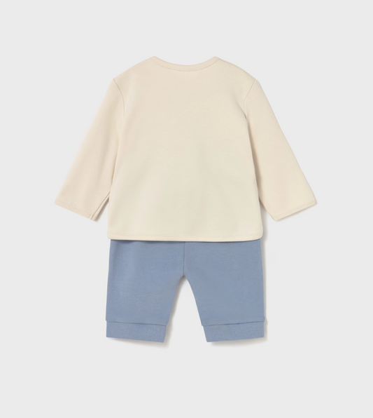 Beige top and blue pants. MAYORAL BABY BOY ANIMAL TOP & TROUSER SET - BLUEBELL