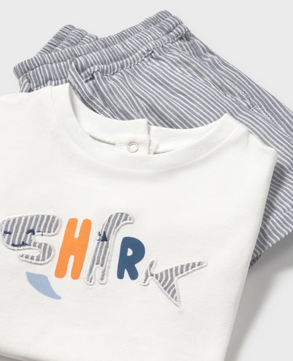 White t-shirt with colorful text and DARK BLUE GREY SHORTS. MAYORAL BABY BOY SHARK SHORT & T-SHIRT OUTFIT SET - BLUE