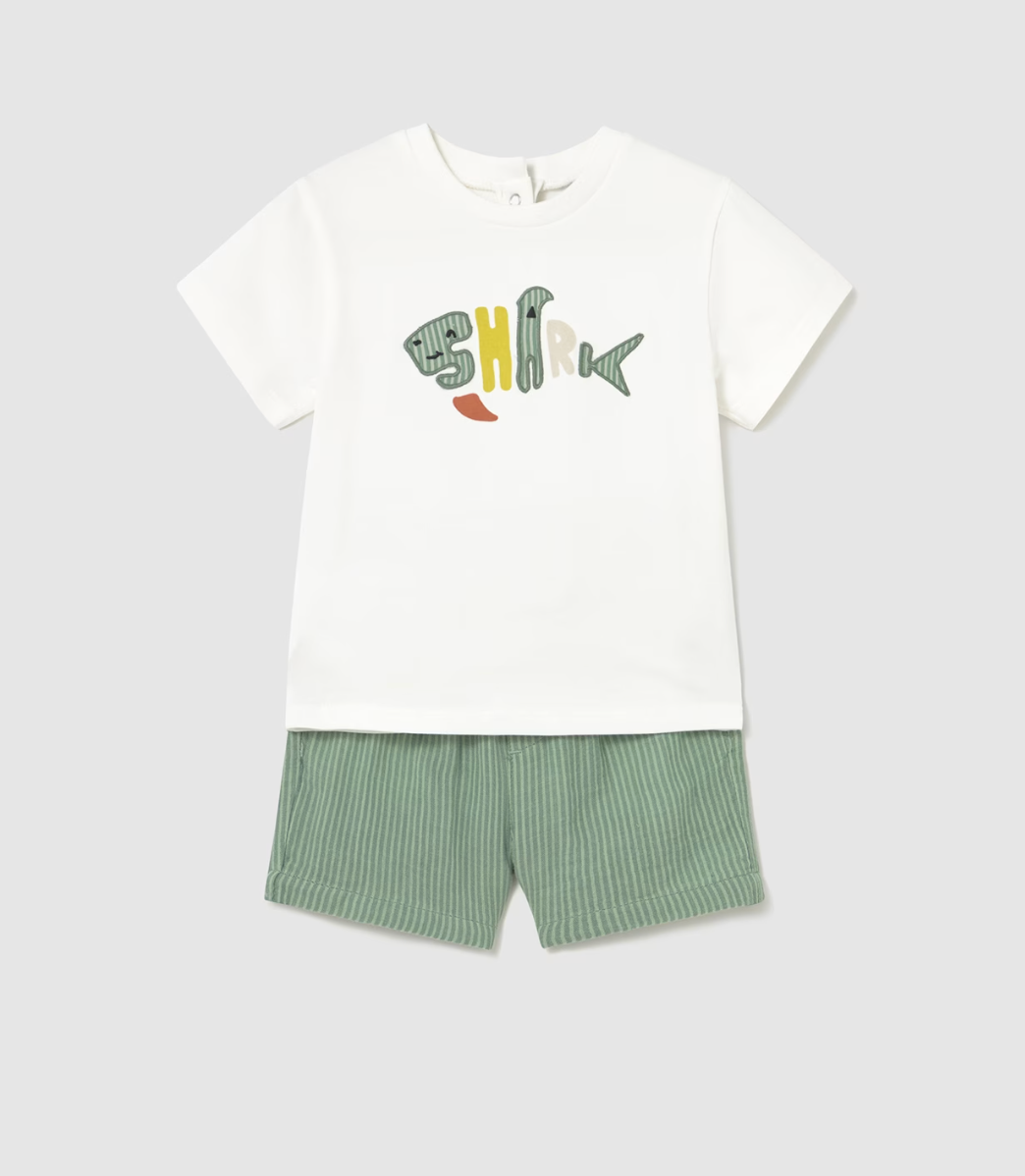White t-shirt with shark design and green shorts. MAYORAL BABY BOY SHARK SHORT & T-SHIRT OUTFIT SET - GREEN