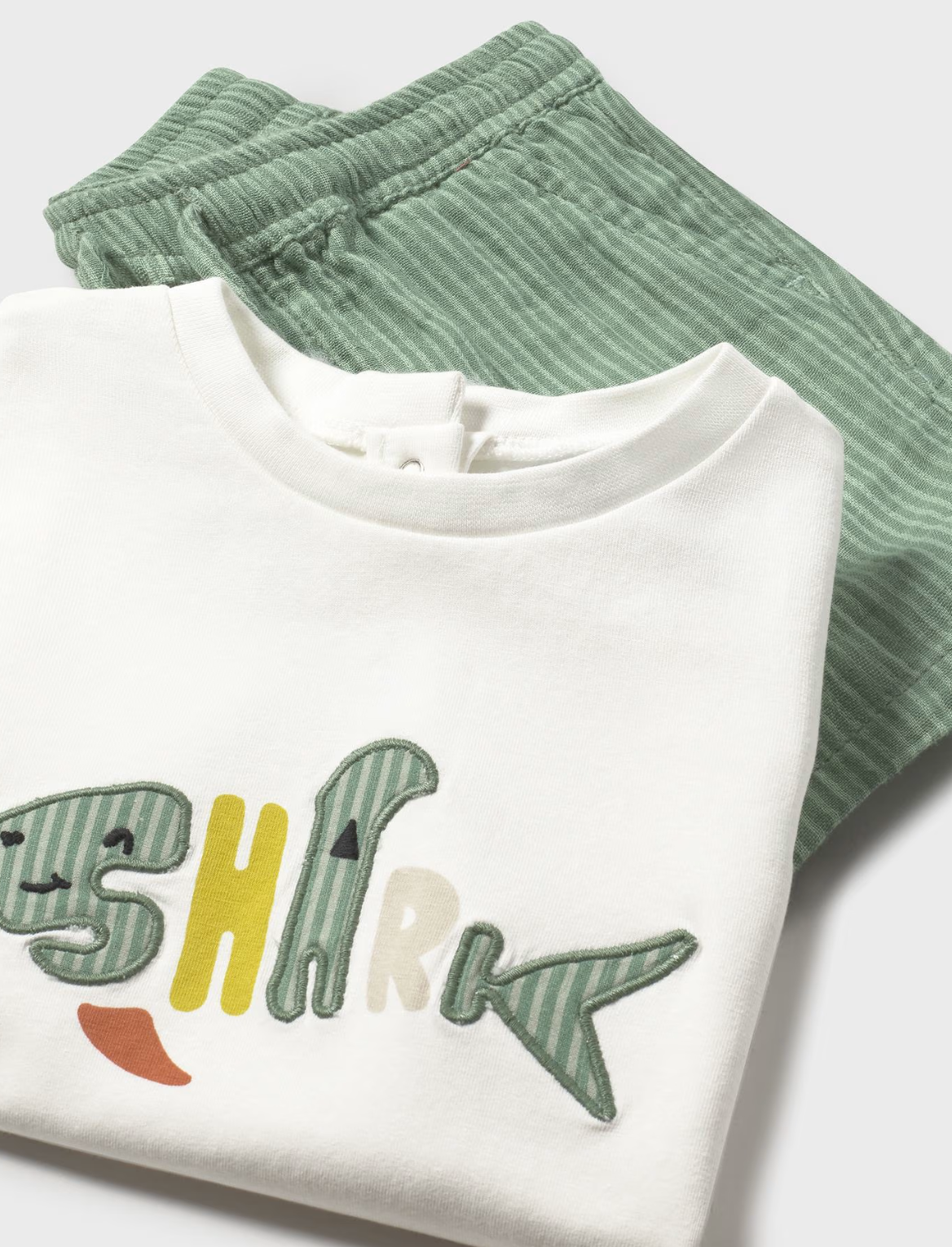 White shirt with shark design and green pants. MAYORAL BABY BOY SHARK SHORT & T-SHIRT OUTFIT SET - GREEN