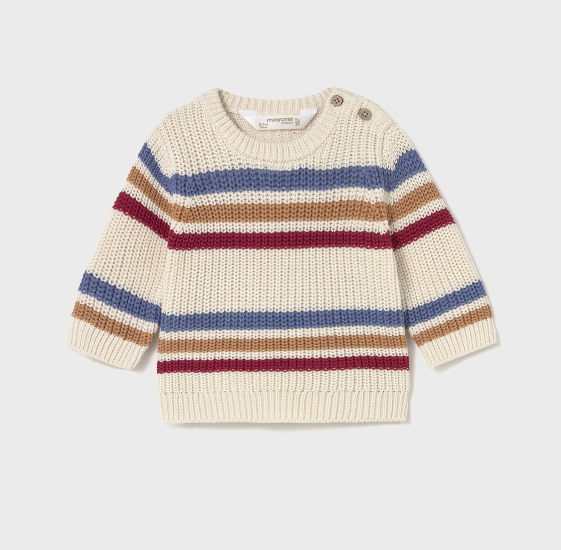  Mayoral Baby Boy Stripe Chunky Knit Cotton Jumper — front ghost flat-lay on light grey background; cream/ecru chunky waffle-knit cotton jumper with horizontal stripes in slate blue, warm tan/caramel and deep berry/burgundy; ribbed crew neckline; two small natural four-hole buttons on the left shoulder placket for easy dressing; Mayoral label visible at the back neck; long sleeves with ribbed cuffs; ribbed hem band at the bottom; light grey background; demonstrates the full front silhouette, stripe pattern 