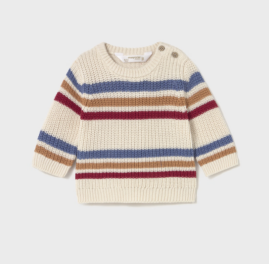  Mayoral Baby Boy Stripe Chunky Knit Cotton Jumper — front ghost flat-lay on light grey background; cream/ecru chunky waffle-knit cotton jumper with horizontal stripes in slate blue, warm tan/caramel and deep berry/burgundy; ribbed crew neckline; two small natural four-hole buttons on the left shoulder placket for easy dressing; Mayoral label visible at the back neck; long sleeves with ribbed cuffs; ribbed hem band at the bottom; light grey background; demonstrates the full front silhouette, stripe pattern 