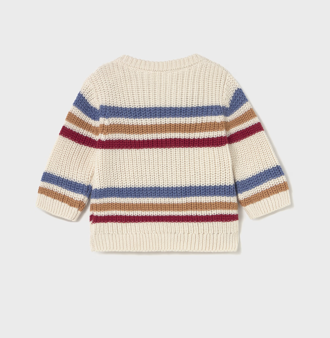 Mayoral Baby Boy Stripe Chunky Knit Cotton Jumper — back ghost flat-lay on light grey background; cream/ecru chunky waffle-knit cotton jumper with horizontal stripes in slate blue, warm tan/caramel and deep berry/burgundy; ribbed crew neckline; plain back with no buttons; long sleeves with ribbed cuffs; ribbed hem band at the bottom; light grey background; demonstrates the full back silhouette and the continuation of the stripe pattern across the back and sleeves