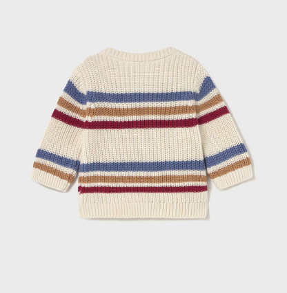 Mayoral Baby Boy Stripe Chunky Knit Cotton Jumper — back ghost flat-lay on light grey background; cream/ecru chunky waffle-knit cotton jumper with horizontal stripes in slate blue, warm tan/caramel and deep berry/burgundy; ribbed crew neckline; plain back with no buttons; long sleeves with ribbed cuffs; ribbed hem band at the bottom; light grey background; demonstrates the full back silhouette and the continuation of the stripe pattern across the back and sleeves