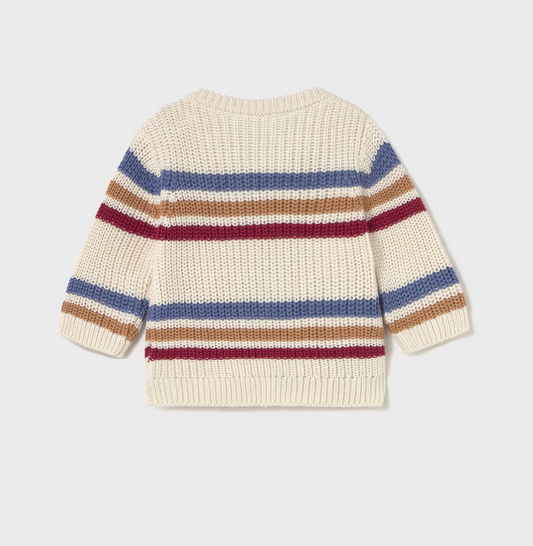 Mayoral Baby Boy Stripe Chunky Knit Cotton Jumper — back ghost flat-lay on light grey background; cream/ecru chunky waffle-knit cotton jumper with horizontal stripes in slate blue, warm tan/caramel and deep berry/burgundy; ribbed crew neckline; plain back with no buttons; long sleeves with ribbed cuffs; ribbed hem band at the bottom; light grey background; demonstrates the full back silhouette and the continuation of the stripe pattern across the back and sleeves