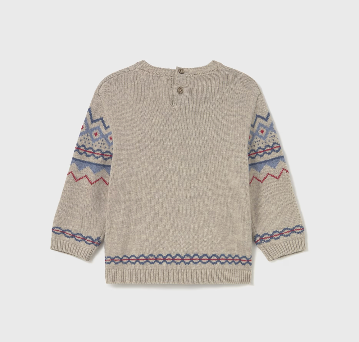 Mayoral Children's Classic Jacquard Jumper in Oat — back ghost flat-lay on light grey background; full-length rear view of the oat/chai heather marl knit jumper; plain oat heather back with jacquard pattern visible on the sleeves and at the hem; two small natural/tan buttons at the back neck for easy dressing clearly visible at the top centre; ribbed crew neckline; long sleeves with ribbed cuffs showing the jacquard chain-link and zigzag pattern; ribbed hem band at the bottom with jacquard chain-link patter