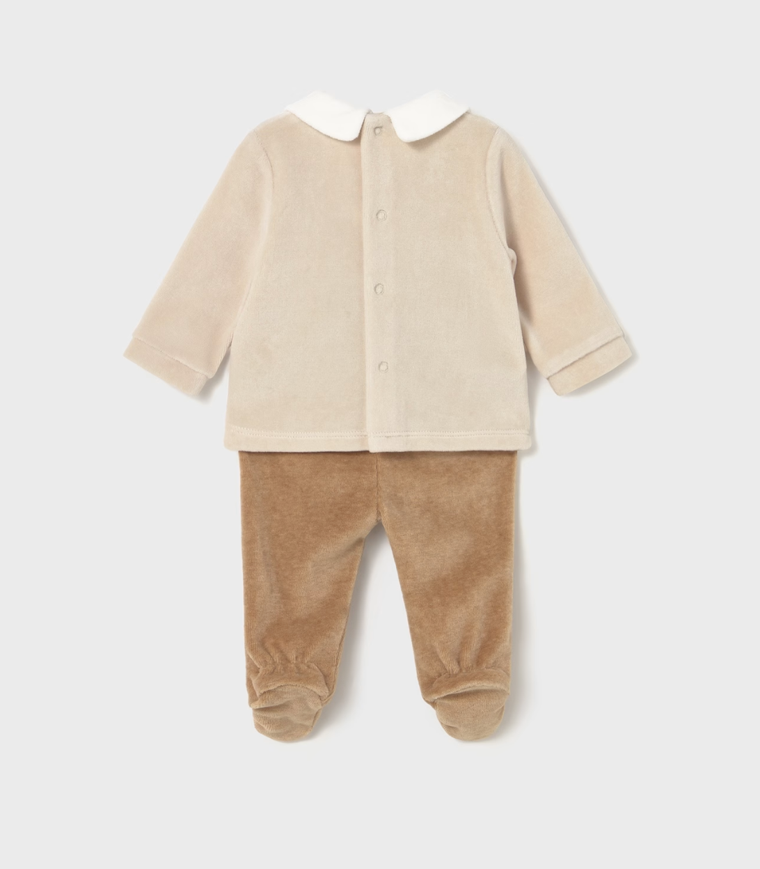 Mayoral Baby Cosy Jumper and Footed Trouser Set in Toffee — back ghost flat-lay on light grey background; two-piece velour baby outfit; cream/oat velour long-sleeve jumper showing the plain back with white Peter Pan collar visible from behind at the neckline; back popper closure running down the centre back of the jumper for easy dressing; long sleeves with turned-back cuffs; warm toffee/caramel velour footed trousers with integrated feet; light grey background; demonstrates the back silhouette and the back