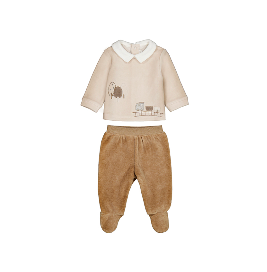 Mayoral Baby Cosy Jumper and Footed Trouser Set in Toffee — front ghost flat-lay on white background with the two pieces slightly separated; cream/oat velour long-sleeve jumper with white Peter Pan collar and embroidered steam train scene on the front; warm toffee/caramel velour footed trousers shown separately below with the elasticated waistband clearly visible at the top; integrated feet at the bottom of the trousers; white background; demonstrates the two pieces of the set individually and the elasticat