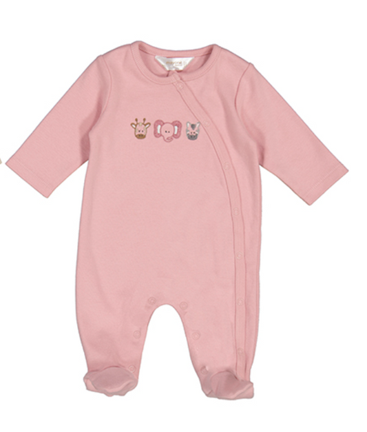 Pink baby onesie with embroidered design. MAYORAL BABY COTTON SLEEPSUIT - PINK JUNGLE FACES