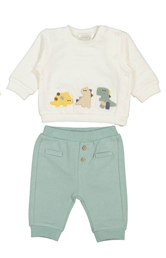 Baby outfit with white shirt and green TROUSERS. MAYORAL BABY DINOSAUR SWEATSHIRT & TROUSER SET - GREEN