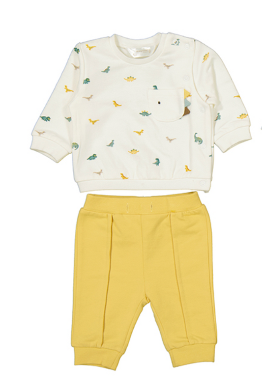 Children's outfit with a patterned top and yellow trousers. MAYORAL BABY DINOSAUR SWEATSHIRT & TROUSER SET - YELLOW