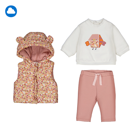 Children's outfit with floral hooded vest, white shirt with cartoon design, and pink TROUSERS. MAYORAL BABY GIRL 3 PIECE SET - OUTFIT WITH HOODED FLORAL GILET