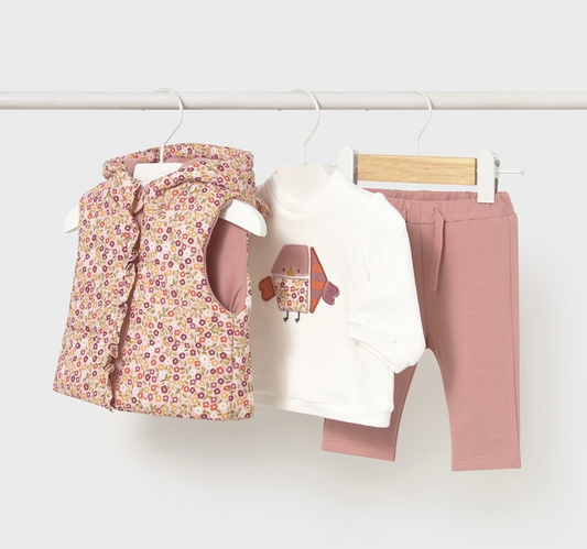 MAYORAL BABY GIRL 3 PIECE SET - OUTFIT WITH HOODED FLORAL GILET