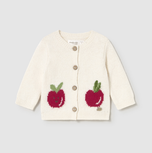 White cardigan with red apple designs. MAYORAL BABY GIRL APPLE MOTIF KNIT CARDIGAN WITH BUTTONS